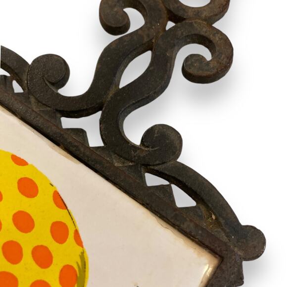 Vintage 70s White Tile Black Cast Iron Yellow Orange Mushrooms Wall Art Trivet - Picture 13 of 16